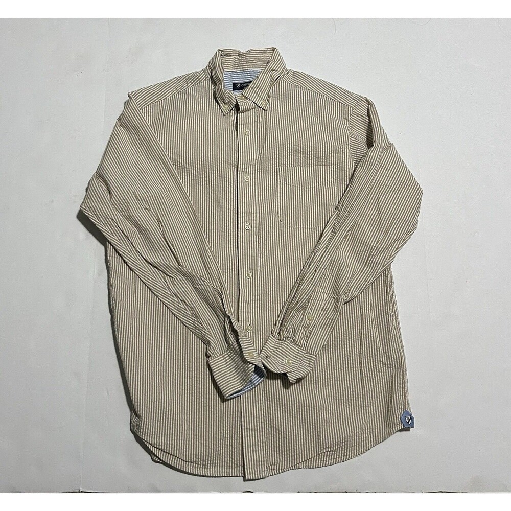 Cremieux Classics Men’s Seersucker Button-Down Shirt Size M Beige Stripped
